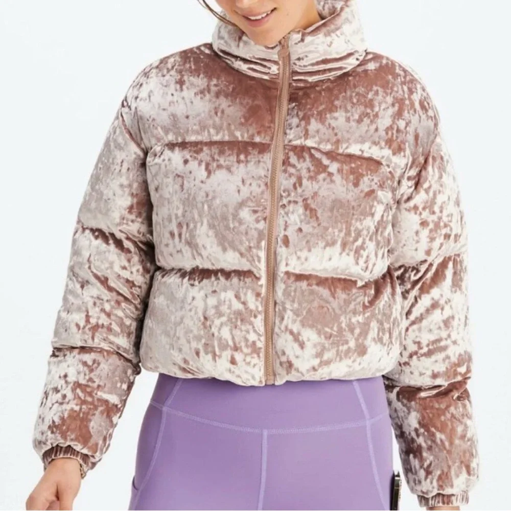 Fabletics Velvet Puffer Jacket Champagne color Size 1X - Picture 2 of 14